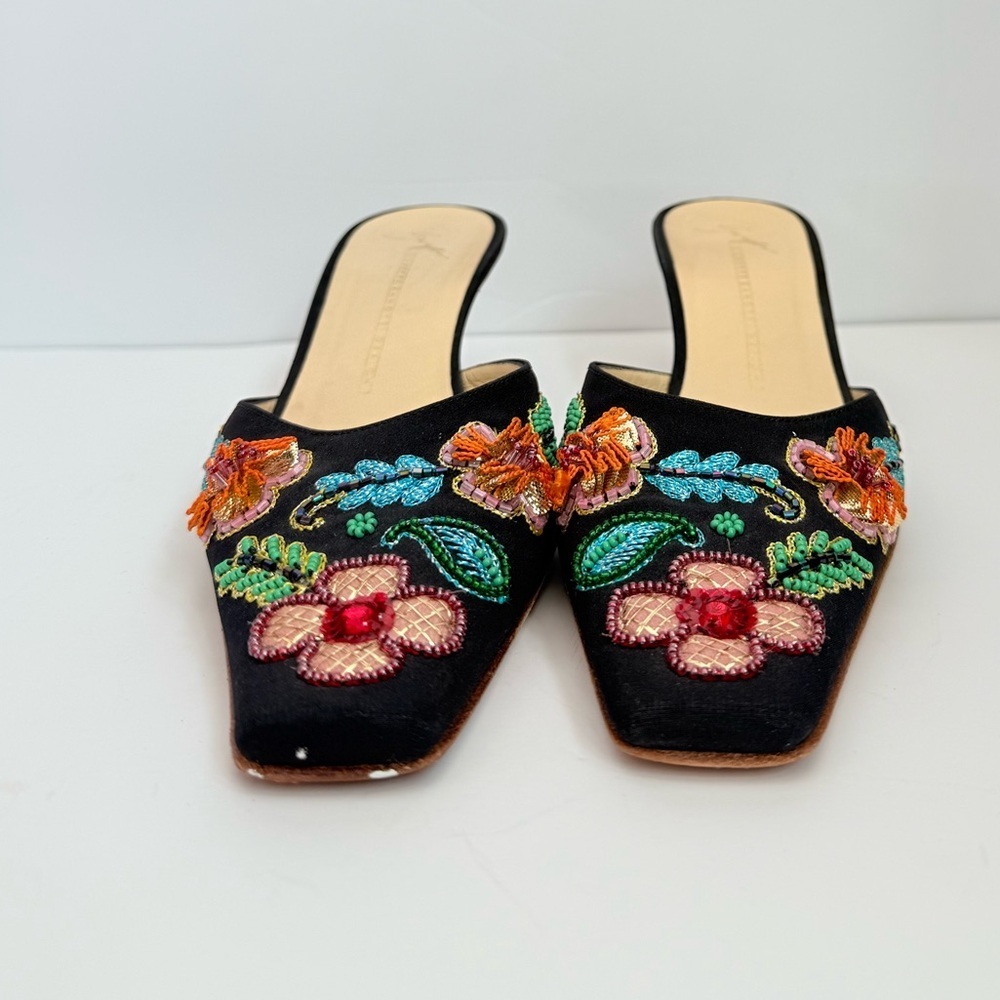 Giuseppe Zanotti Vintage Black Multicolor Satin Floral beaded mules heels EU 37 - Picture 5 of 7